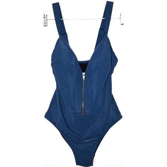 Kona Sol Womens Ribbed One Piece Swimsuit Small Blue Zipper Front Resort Beach - Picture 1 of 13